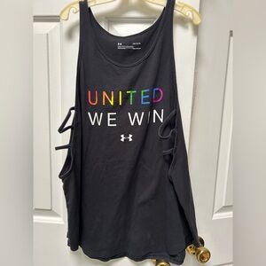 Under Armor Black Tank Top with Colorful “United We Win”. Open sides. Large.